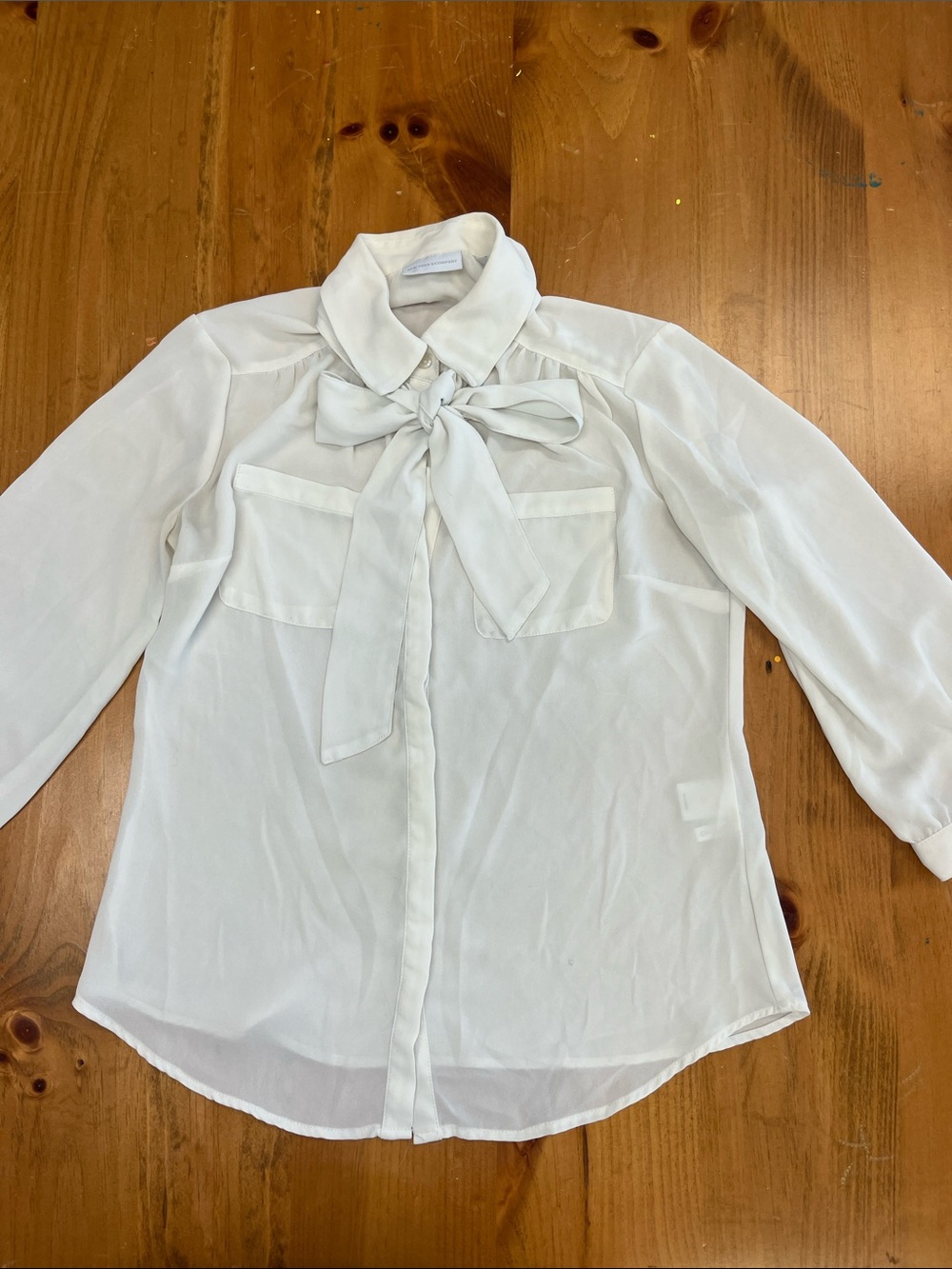 New York & Company White Tie-Neck Button Down Blouse